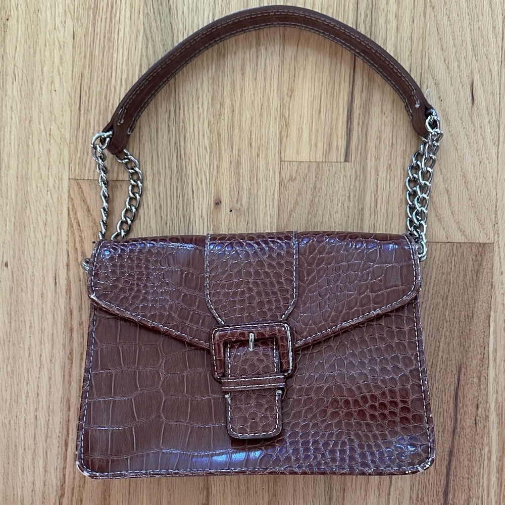 Vintage Liz Claiborne Brown Croc-Embossed Vegan Leather Chain Strap Shoulder Bag